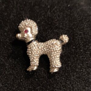 Vintage 1950’s Poodle Brooch - Silver Tone with Red Eye
